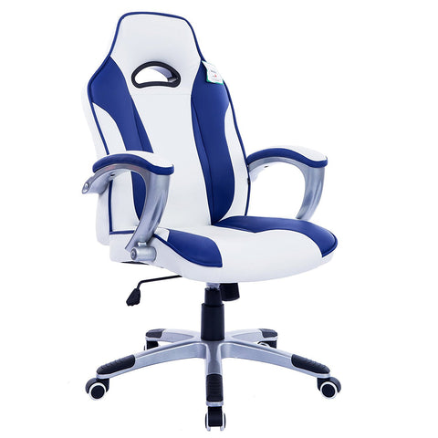 High Back Racing Sport Gaming Style Computer Office Desk PU Leather Swivel Chair in Contrasting Colours, White & Blue