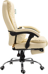 Executive Reclining Computer Desk Chair with Footrest, Headrest and Lumbar Cushion Support Furniture Cream PU Leather