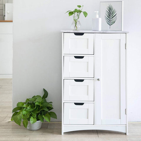 Free Standing Wooden Bathroom Cabinet with 1-Door Cupboard and 4-Drawer & Marble Effect Top (White)