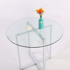 LEROY Round Clear Glass Dining Table with White Steel Frame