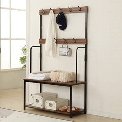 CLIVE Walnut Colour Black Steel Frame Coat Stand with 2 Shelves