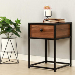 CLIVE Mid-Century Style Walnut Colour Bedside Table Nightstand End Table With Black Metal Frame (BC-02)