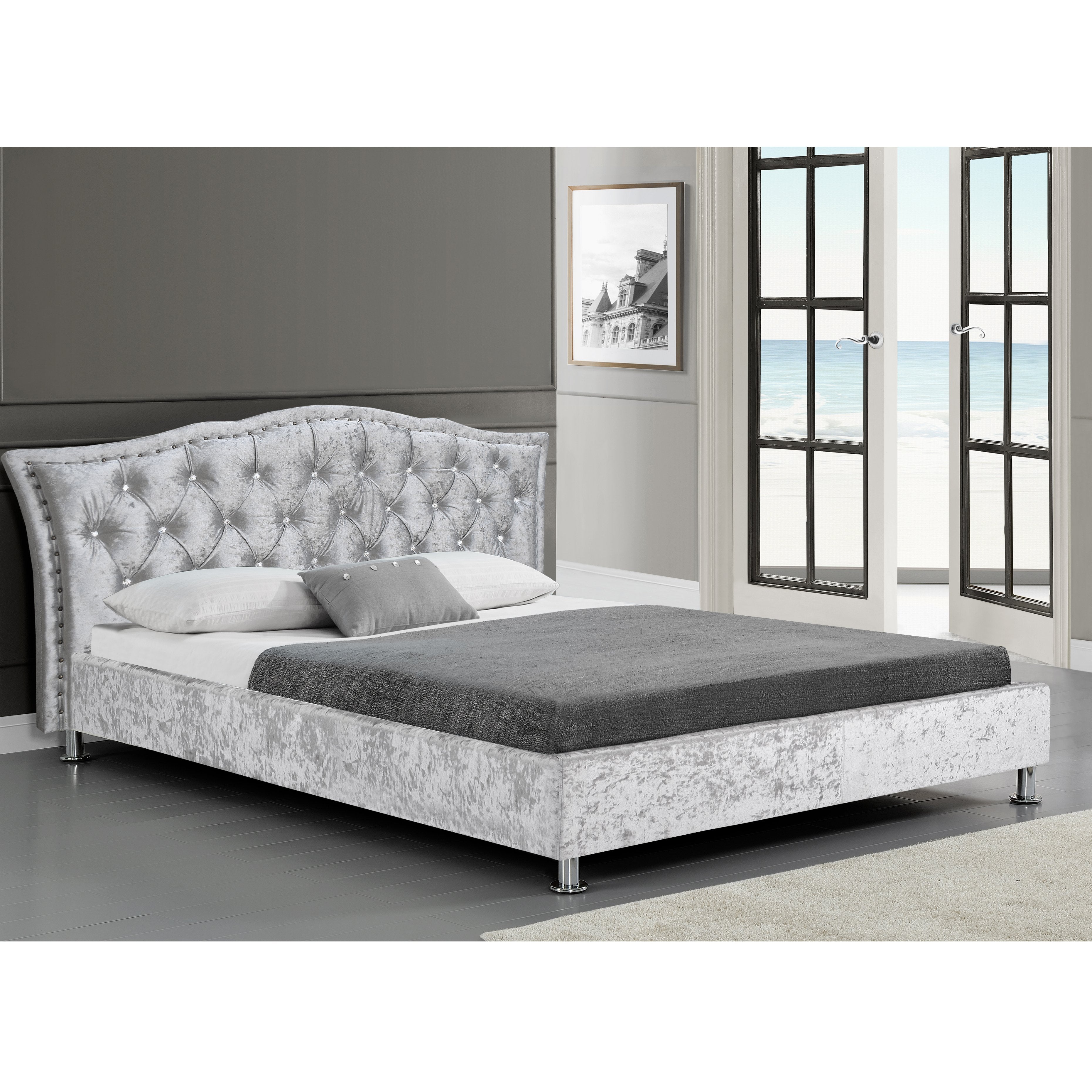 AMARI Silve Crushed Velvet Bed Frame with Tufted Diamante Headboard