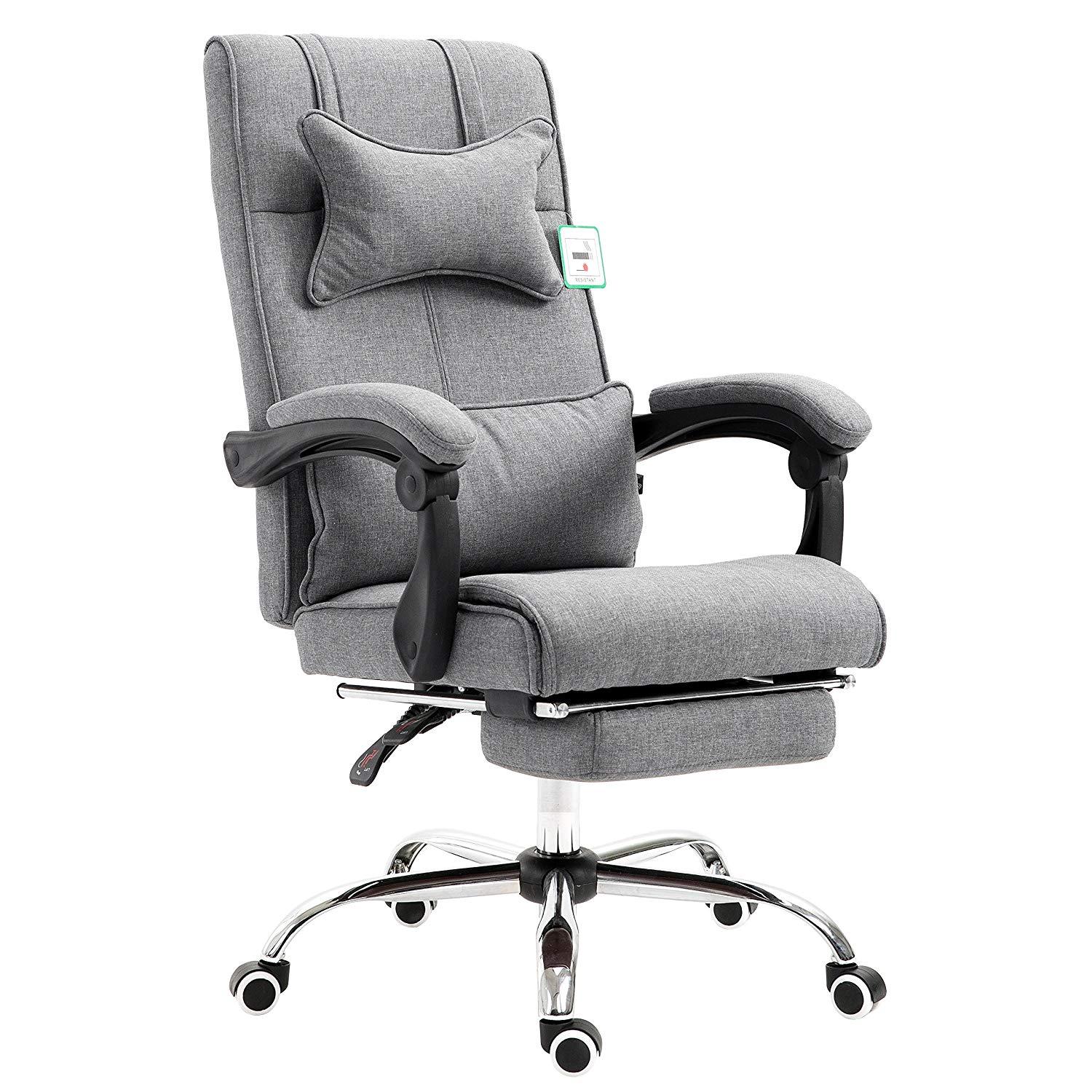 Premium Executive Reclining Desk Chair with Footrest, Headrest and Lumbar Cushion Support (Grey, Fabric)