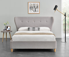 PEGASUS Mid-Century Linen Fabric Bed Frame with Curved Headboard & Solid Oak Legs, Grey