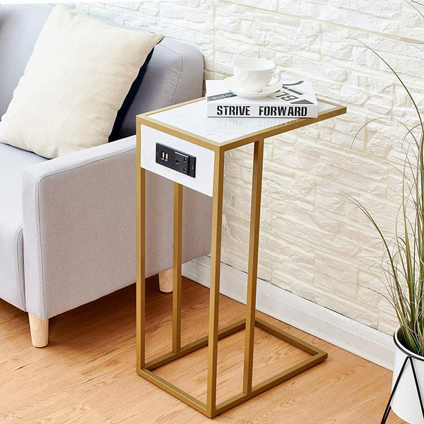 Cherry Tree Furniture ANTON Living Room Side Table, Sofa Table, End Table/w USB Ports & Power Outlet White Marble Effect & Golden Frame