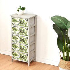 Cherry Tree Furniture Paulownia Solid Wood Washed Grey 5-Drawer Cabinet Chest of Drawers with Tropical Green Leaves Pattern 5-Drawer