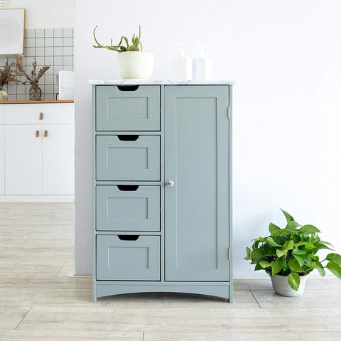 Free Standing Wooden Bathroom Cabinet with 1-Door Cupboard and 4-Drawer & Marble Effect Top (Grey)