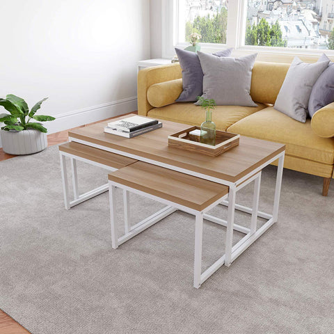 Cherry Tree Furniture CLIVE Coffee Table with Nest of 2 Tables, 1+2 Coffee Table Nesting Tables White Oak Colour