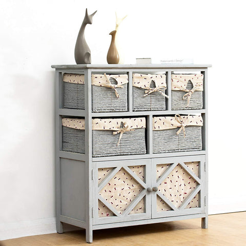 Grey Paulownia Solid Wood Sideboard Drawer Chest with Wicker Baskets