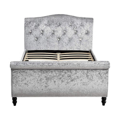 MEISSA Crushed Velvet Sleigh Bed with Diamante Headboard, Silver