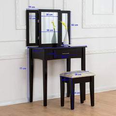 Triple Mirrors Dressing Table Set with Stool, Black