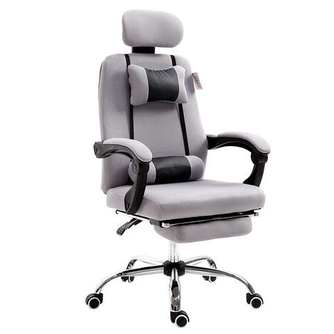 Fabric Recline Office Chair with Footrest and Neck & Lumbar Cushion, Grey