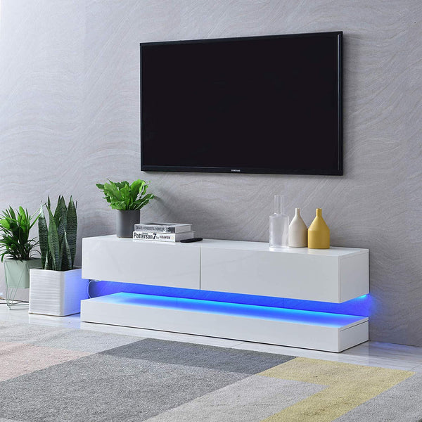 Cherry Tree Furniture MELDAL LED High Gloss TV Stand, TV Unit Cabinet for TV Size up to 55"White, 138 cm