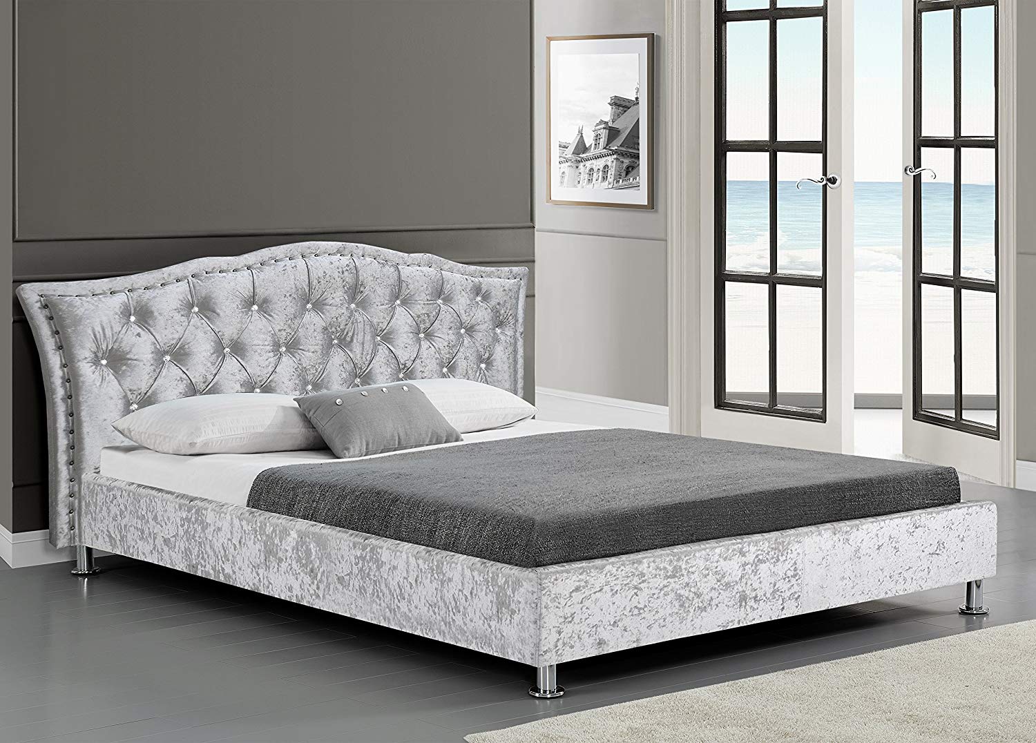 AMARI Crushed Velvet Bed Frame with Tufted Diamante Headboard