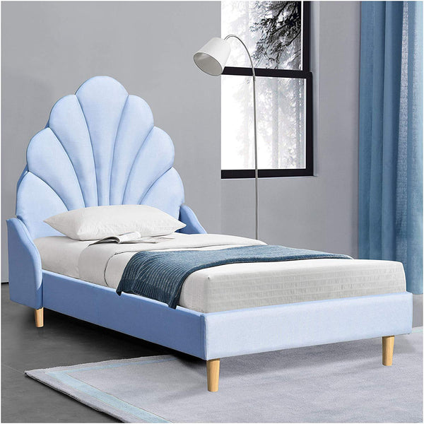 Cherry Tree Furniture ARIEL Blue Linen Fabric Upholstered Bed with Scalloped Headboard 3FT Single