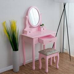 3-Drawer Makeup Dressing Table Set with Stool Oval Mirror & Stool Pink
