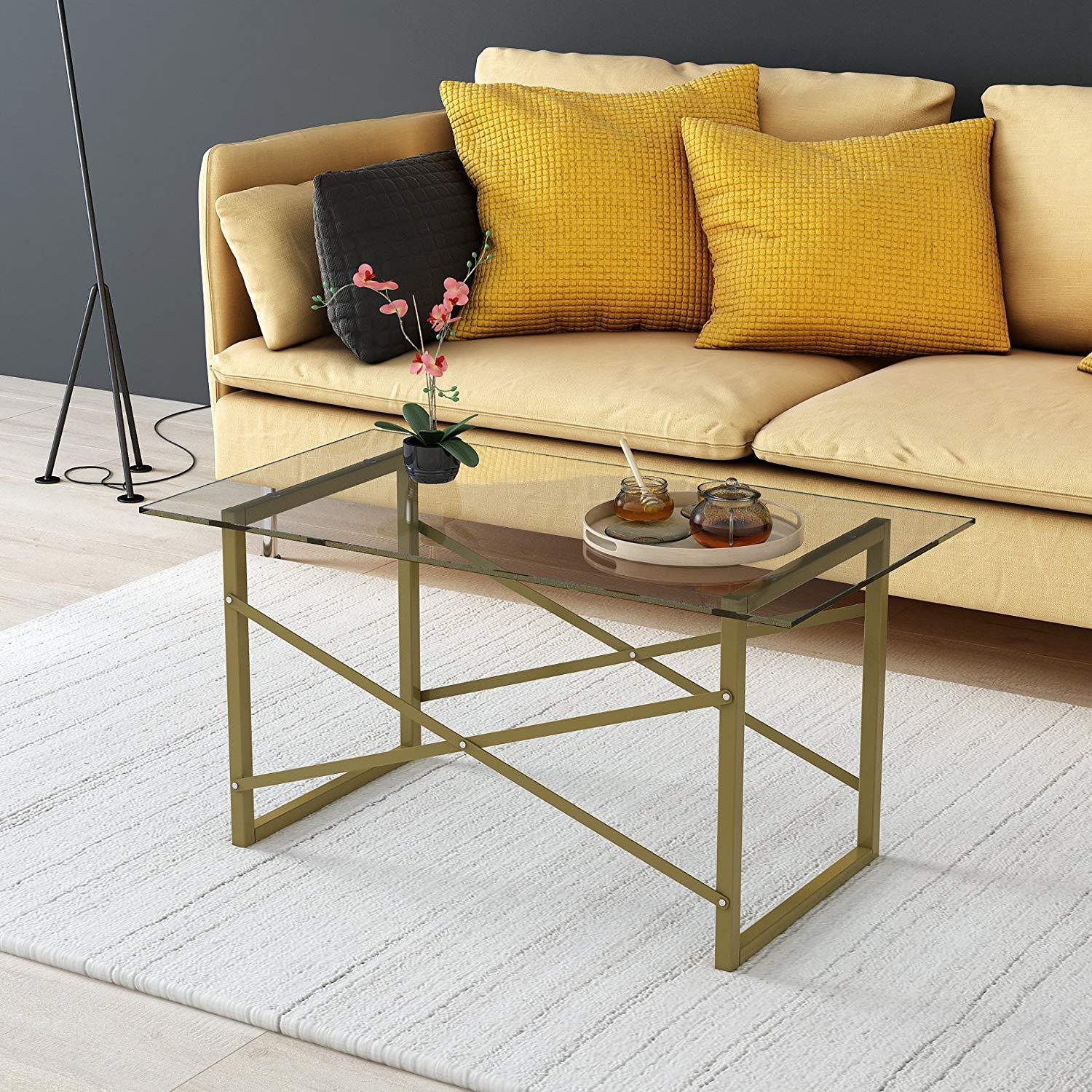 VENUS Modern Living Room Glass Top Coffee Table with Geometric Metal Frame
