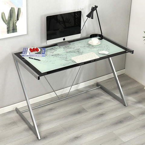 COLUMBUS World Map Tempered Glass Desk with Silver Frame