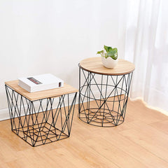 Cherry Tree Furniture KORAM Basket Side Table Geometric Wire Frame End Table Round Wooden Top