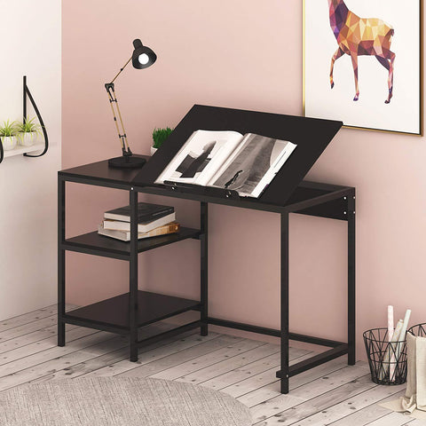 Computer Desk / Drafting Table with Shelves, Black