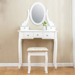 White 5-Drawer Vanity Makeup Dressing Table with Oval Mirror, Jacquard Cushioned Stool