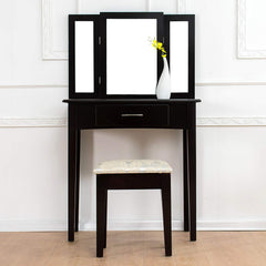 Triple Mirrors Dressing Table Set with Stool, Black