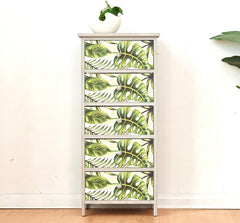Cherry Tree Furniture Paulownia Solid Wood Washed Grey 5-Drawer Cabinet Chest of Drawers with Tropical Green Leaves Pattern 5-Drawer