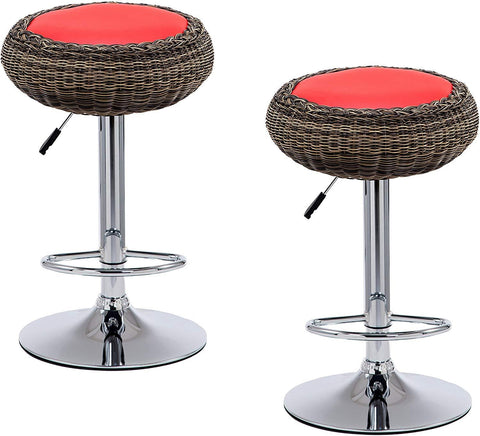 Cherry Tree Furniture Set of 2 Rattan Wicker Red PU Leather High Bar Stools Kitchen Stools