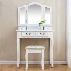 White 3-Way Tri-fold Mirrors 4-Drawer Vanity Dressing Table Set