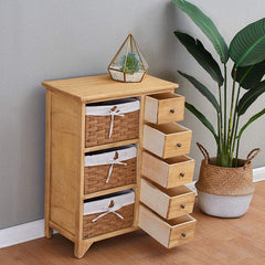 Paulownia Original Wood Colour 5-Layer Cabinet Drawer Chest with Wicker Baskets