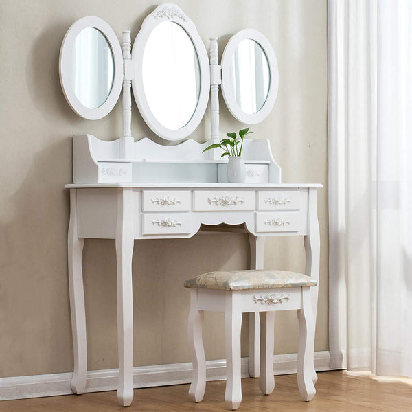 Large White 7-Drawer Vanity Makeup Dressing Table Set with 3 Mirrors and Jacquard Cushioned Stool