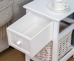 White Wood Bedside Table with 1 Drawer & 1 Wicker Basket Storage