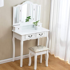 White 3-Way Tri-fold Mirrors 4-Drawer Vanity Dressing Table Set