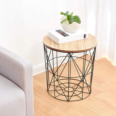 Cherry Tree Furniture KORAM Basket Side Table Geometric Wire Frame End Table Round Wooden Top
