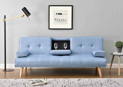ACRUX 3-Seater Sofa Bed with Cup Holders & Cushions, Light Blue Fabric