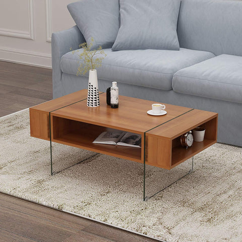 JUPITER Walnut Living Room Coffee Table with Glass Sheet Legs