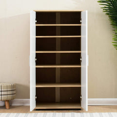 6-Shelf Wooden Shoe Cabinet Organiser Unit, White Door Oak Frame