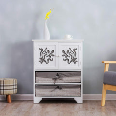 White Paulownia Wood Sideboard Drawer Chest with Carved Cabinet Doors & Wicker Baskets