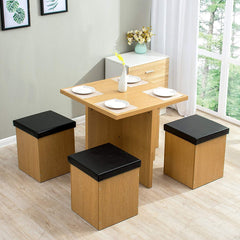 5-Piece Oak Colour Dining Table and 4 Faux Leather Stools with Storage, Dining Room Set
