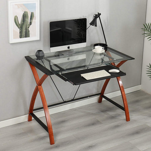 HERMAN Tempered Glass Desk with Keyboard Tray, Steel Frame & Solid Wood Legs