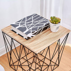 Cherry Tree Furniture KORAM Basket Side Table Geometric Wire Frame End Table Square Wooden Top