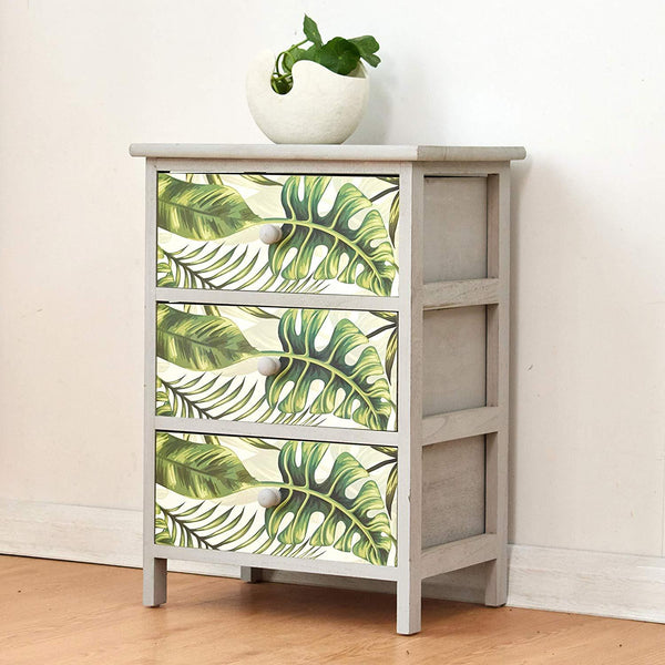 Cherry Tree Furniture Paulownia Solid Wood Washed Grey Chest of Drawers with Tropical Green Leaves Pattern 3-Drawer