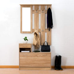 Oak Colour Hall Tree Storage Unit with Floating Coat Hanging Rack with Mirror
