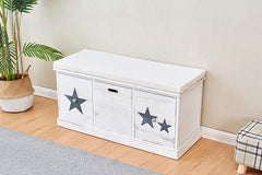 Cherry Tree Furniture Distressed Vintage Style Washed White Painted Paulownia Wood Hallway Storage Bench Ottoman with 3 Drawers