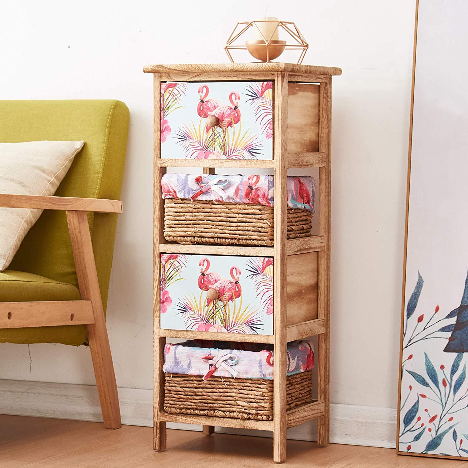 Cherry Tree Furniture Flamingo Pattern 2-Drawer & 2-Basket Wooden Cabinet Storage Unit with Woven Baskets
