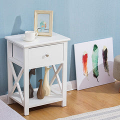 Wood White 1-Drawer Bedside Table Nightstand Cabinet