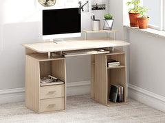 Computer Desk with Cupboard Drawers and Keyboard Tray, Natural