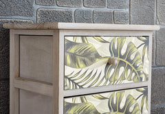 Cherry Tree Furniture Paulownia Solid Wood Washed Grey Chest of Drawers with Tropical Green Leaves Pattern 3-Drawer