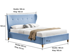PEGASUS Mid-Century Linen Fabric Bed Frame with Curved Headboard & Solid Oak Legs, Light Blue